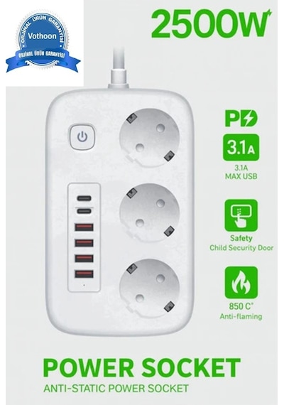 Akım Korumalı Priz Ve Masaüstü Şarj İstasyonu Kablosuz 3 Priz ,4 Usb, 2 Type-c Girişli 2 Metre 2 M