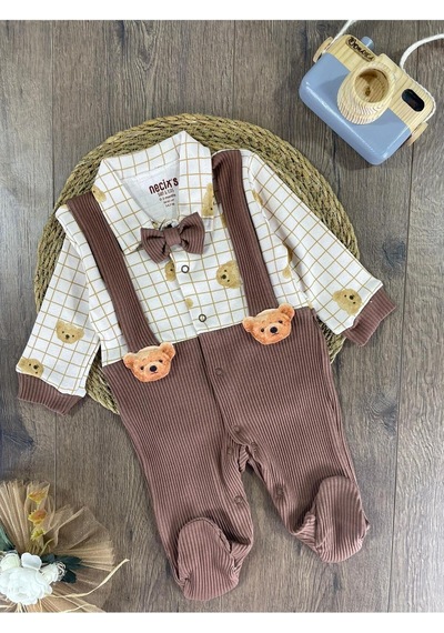 Bebicix Kaşkorse Esnek Papyonlu Ayıcık Figürlü Patikli Çıtçıtlı Erkek Bebek Tulum Kahverengi