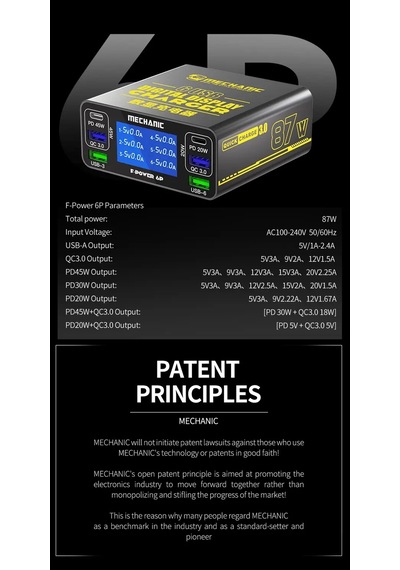 Mechanic F-power 6p 87w 6 Port Pd45w Qc3.0 Usb Hızlı Şarj İstasyonu Lcd Göstergeli