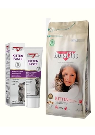 Bonacibo Yavru Kedi Başlangıç Seti: Tavuklu Kuru Mama 1.5 Kg Ve Kitten Paste Multivitamin Macun 100g