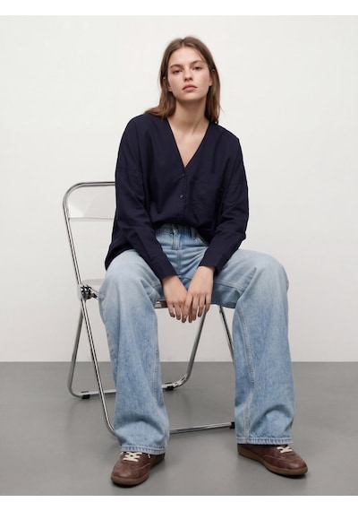 LTB Oversize V Yaka Cep Detaylı Lacivert Gömlek