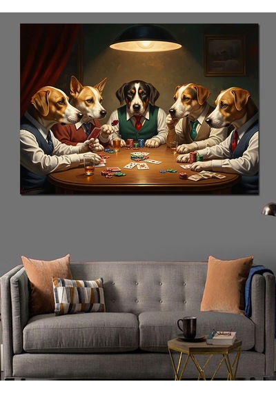 Masa Başında Poker Oynayan Köpekler Dekoratif Kanvas - Mdf Ahşap Tablo