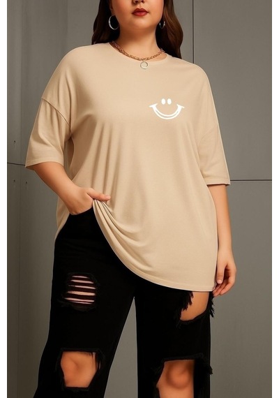 Büyük Beden Gülücük Baskılı Unisex Tişört Bej