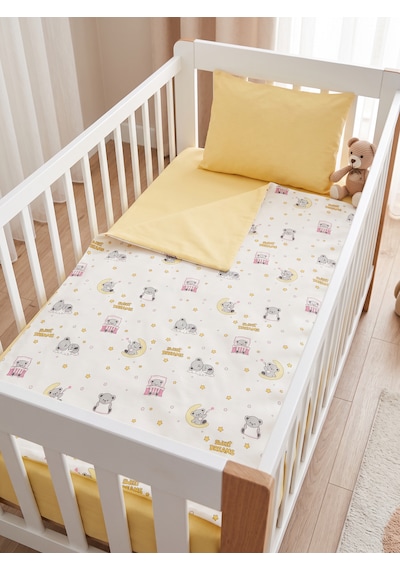 %100 Pamuklu Sweet Dreams Sevimli Koala Desenli 3 Parça Bebek Nevresim Takımı - Sarı 3'lü Bebek Uyku Seti Beyaz - Sarı