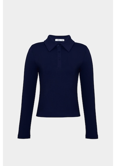Açelyaokcu Premium Polo Yaka Vatka Detaylı Pamuklu Fit Tişört Lacivert