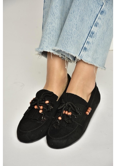 Fox Shoes Y602426202 Siyah Süet Boncuk Detaylı Günlük Kadın Ayakkabı Siyah