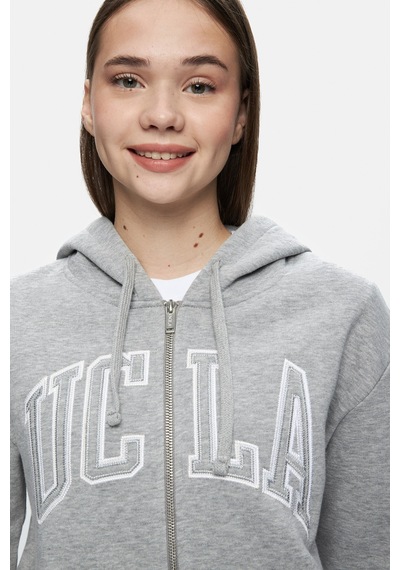 Ucla Joyce Gri Kapüşonlu Ve Fermuarlı Aplikeli Standard Fit Kadın Sweatshirt Gri
