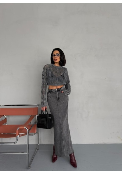 Zeo Basic Yanlardan Yırtmaçlı Füme Jean Maxi Etek Siyah/Füme