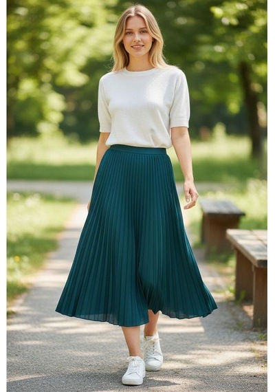Eren Style Pileli Pamuklu Diyagona Beli Lastikli Etek 95 Cm - 38-50 Petrol Mavisi