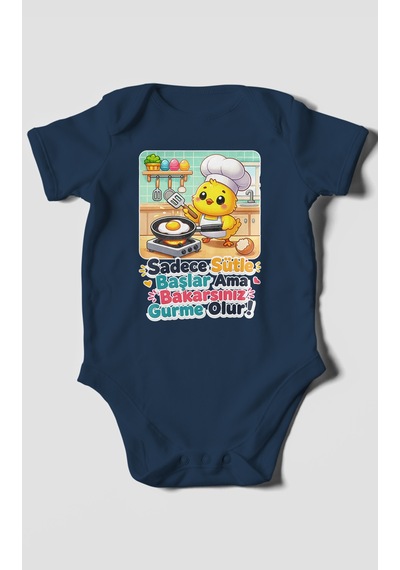 Morivokids Sadece Sütle Başlar Yazılı Kısa Kollu Bebek Body %100 Pamuk Lacivert