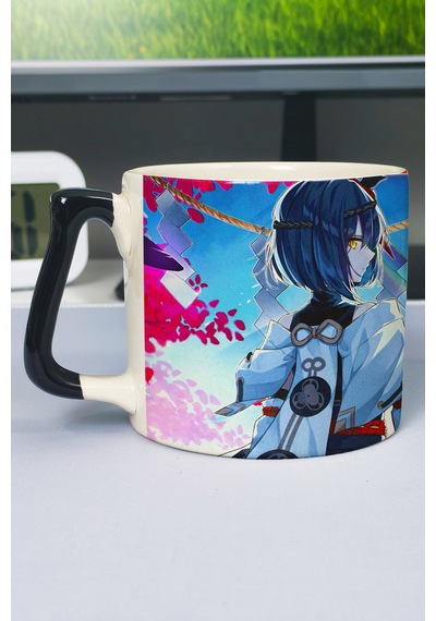Kujou Sara Genshin İmpact Baskılı Seramik Lüks Kupa 1 Adet Özel Siyah Kulp Dalga Kulp V3d Çok Renkli