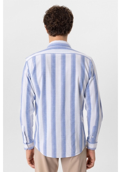 Süvari Mavi Slim Fit Desenli Düğmeli Yaka Çizgili Gömlek