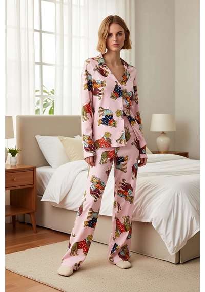 Benerly Kadın Gömlek Yaka Uzun Kol Kaplan Baskılı Pijama Takımı Regular K Pembe