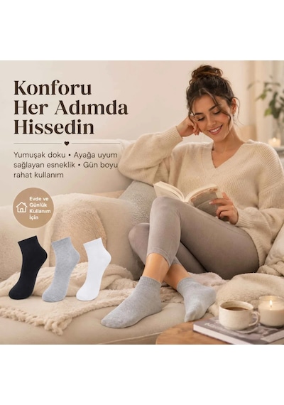 Çorap Giyim Kadın Kısa Konç Çorap 6 Lı Paket, %80 Pamuklu, Dikişsiz Burun, Nefes Alan Yumuşak Bilek Çorabı, Siyah Gri Beyaz Çok Renkli
