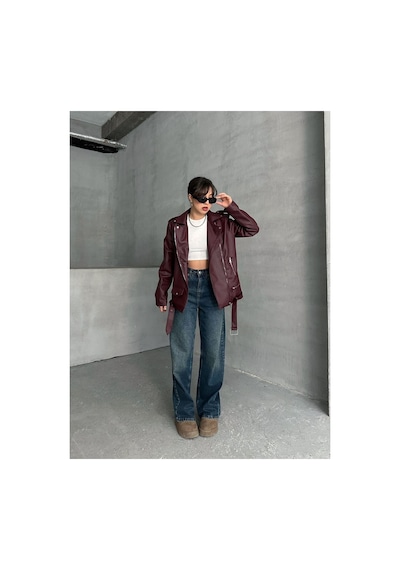 Meecy Kadın Oversize Biker Deri Ceket Bordo Bordo