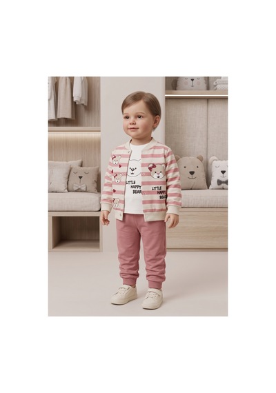 Deniva Kids Kız Bebek Ayıcık Baskılı Çizgili Ceketli 3'lü Takım Pudra Pembe