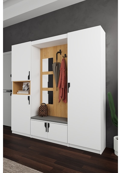 Lüks Aynalı Portmanto Askılı Vestiyer %100 Mdf Çok Raflı Ayakkabılık V05 Beyaz - Karına Lüks Aynalı Portmanto Askılı Vestiyer %100 Mdf Çok Raflı Ayakkabılık V05 Beyaz - Karına