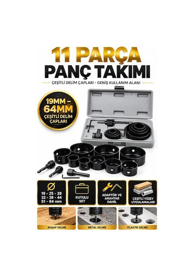 11 Li Panç Seti 19-64 Mm Çelik Delik Açma Ucu