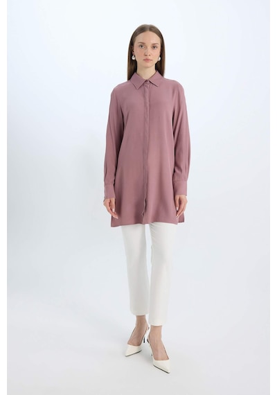 DeFacto Relax Fit Gömlek Yaka Yandan Bağlamalı Uzun Kollu Basic Düz Gömlek Tunik D7200AX24WNBR94 Bordo
