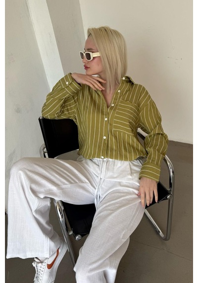 Madmext Haki Çizgili Cepli Kadın Gömlek Mg2345 Haki