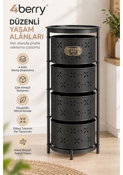 4 Katlı Metal Çok Amaçlı Düzenleyici Sepet Mutfak Sebzelik, Oyuncak, Banyo Ve Ev Organizeri Siyah