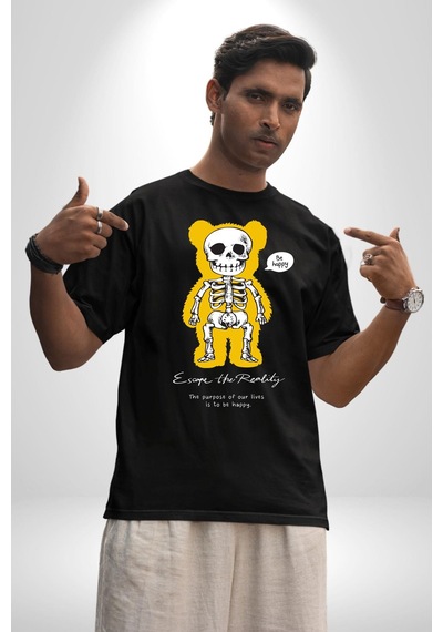 Mutlu Ol Pamuklu Bisiklet Yaka Unisex Oversize Boyfriend Dijital Baskılı Siyah T-shirt Siyah