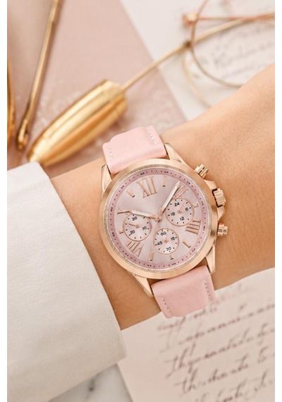 Kadın Kol Saati Pembe Deri Kordon Rose Gold Kasa Pembe Analog Kadran St-304456
