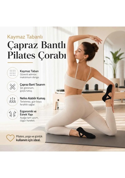 Çorap Giyim Kaymaz Tabanlı Kadın Balerin Tasarımlı Yoga Pilates Çorabı Çapraz Bantlı Spor Çorap Hac Umre Çorabı Siyah