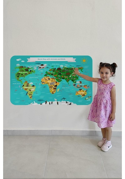 Eğitici Dünya Haritası Dünya Atlası Çocuk Ve Bebek Odası Duvar Sticker-60x105-3780 - Renkli Çok Renkli
