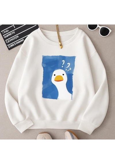 Benroma 3 İplik Penye Ördek Baskılı Unisex Sweatshırt Beyaz