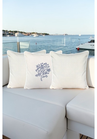 Kırlent Kılıfı 45x45 3'lü Set Marin Nakışlı Yosun Desen Su İtici Outdoor Keten Tekne Bahçe Krem