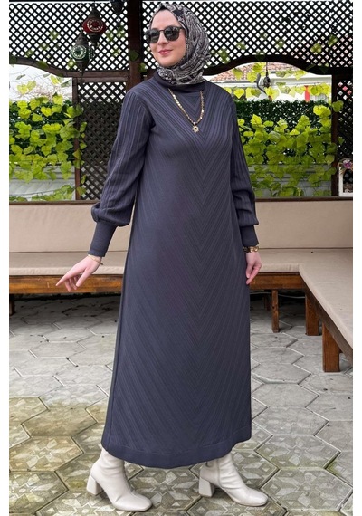 Rabia Şamlı Yağmur Triko Elbise Antrasit Normal