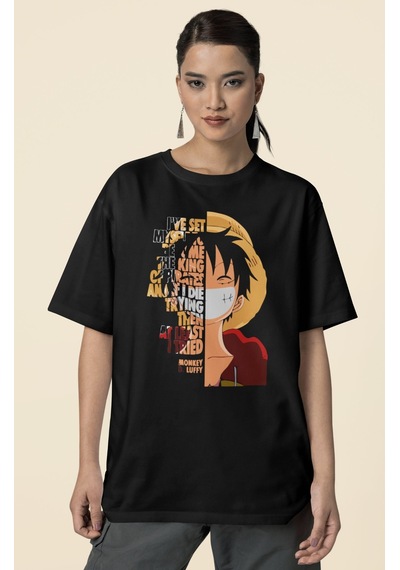 Sevbano Tasarım Monkey D. Luffy Baskılı Unisex Oversize Anime Dizi Karakt Siyah