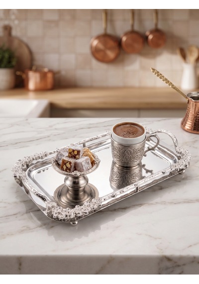Yumeo Mila Dikdörtgen Aynalı Kulplu Gümüş Söz Nişan Ve Kız İsteme Tepsisi Çeyizlik Lüks Sunum 33x18 Cm