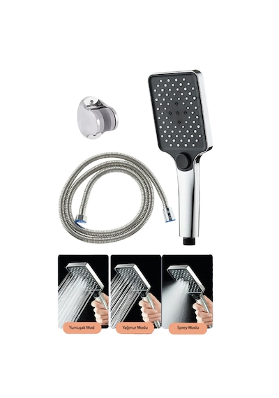 Aqua Kare 3 Fonksiyon Duş Başlığı , Duş Hortumu Ve Mafsal Duş Set Krom