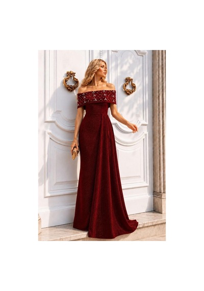 DefyModa Kadın Trend Degaje Yaka Dekolteli Maxi Uzun Kollu Abiye Elbise Kırmızı
