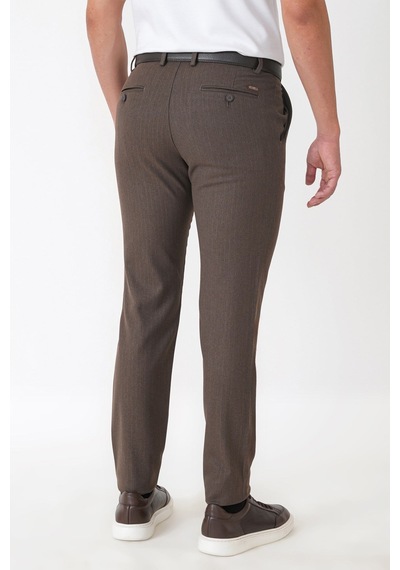 Slim Fit Yan Cepli Esnek Yünlü Kahverengi Çizgili Pantolon P 1236