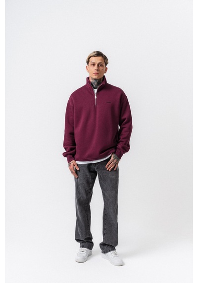 Erkek Respire Yazı Detaylı Yarım Fermuarlı Basic Sweatshirt Vişne Bordo