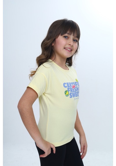 Toontoy Kids Toontoy Kız Çocuk Bisiklet Yaka Düşük Omuz Kısa Kollu Baskılı Tişört 24976 Açık Sarı
