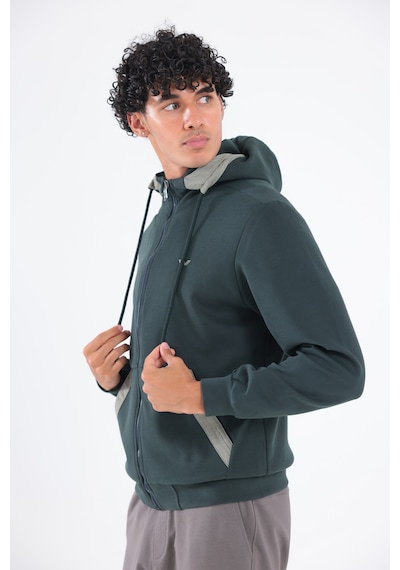 Rowinger Modal Kumaş Kapüşonlu Fermuarlı Kontrast Detaylı Erkek Sweatshirt Darkgreen