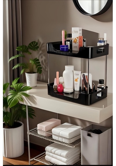 2 Katlı Çokamaçlı Düzenleyci Makyaj Düzenliyci Organizer Raf Plastik Siyah Tr Diğer