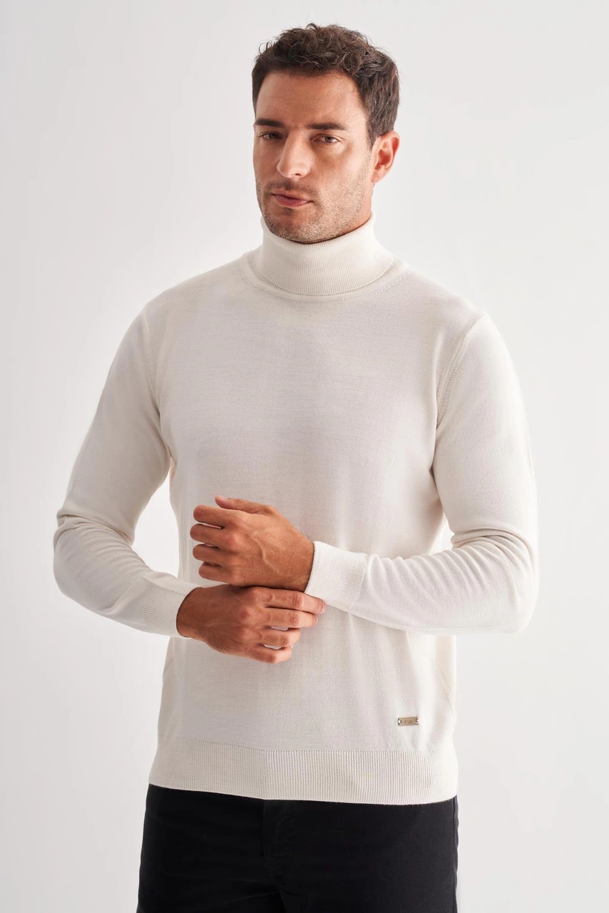 İmza Krem Balıkçı Yaka Cepsiz Comfort Fit Classic Yünlü Triko Kazak 1012255004 Krem