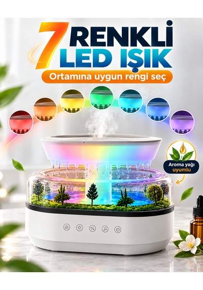 Yağmur Damlası Efektli Aroma Difüzör Hava Nemlendirici Orman Manzaralı Dekoratif Esansiyel Yağ Uyumlu Dokunmatik Tuşlu Ofis Yatak Odası