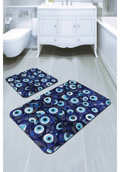 Lacivert Nazar Boncuğu Banyo Halısı Klozet Paspas Seti Bs290n11