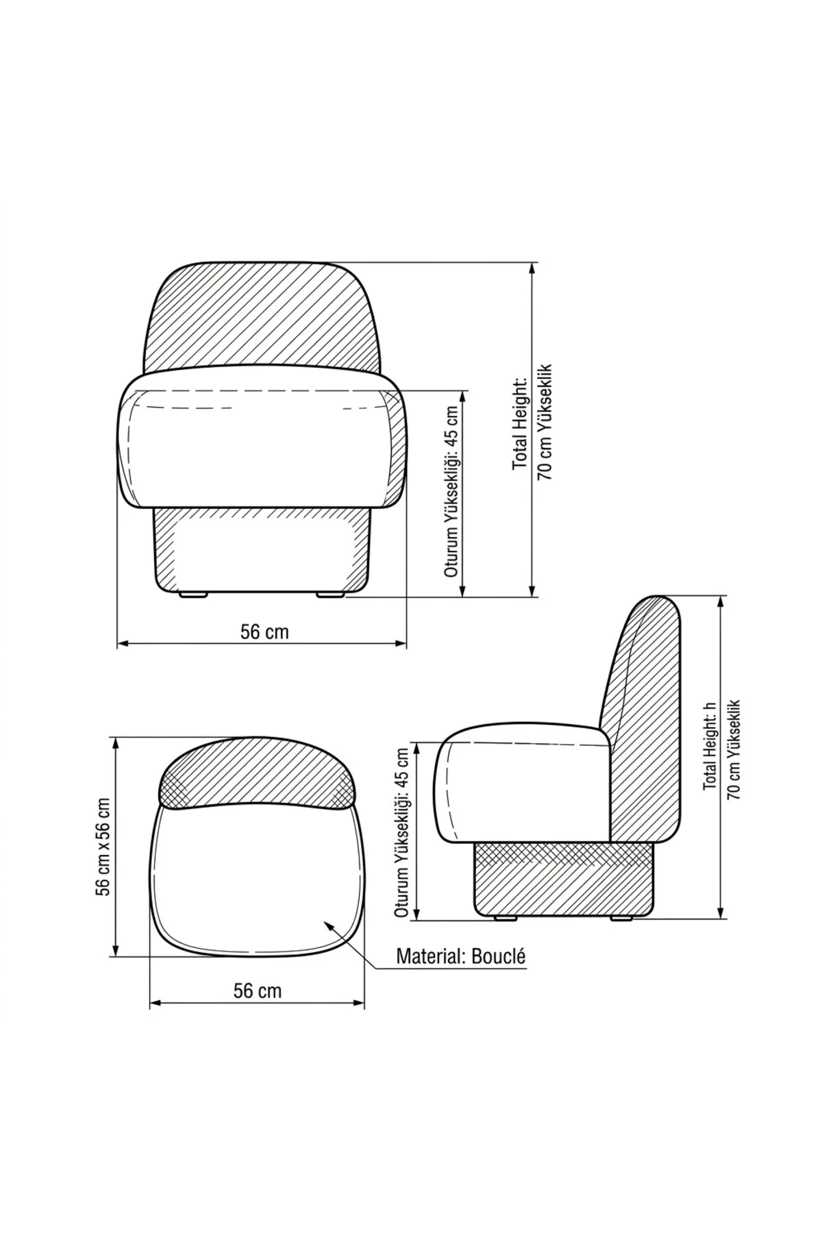 Wellnistt Mobilya Quattro Modern Buklet Puf Berje, Boucle Kumaş Tekli Koltuk Siyah - Siyah