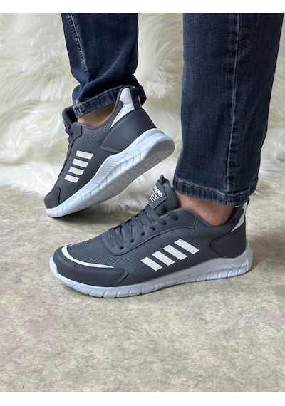 Günlük Erkek Sneaker Fileli Bağcıklı Rahat Esnek Dikiş Detaylı Yürüyüş Spor Ayakkabı 1453 Füme Beyaz
