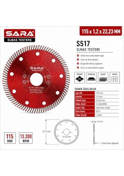Sara S517 115 Mm Turbo Hassas Mermer Kesme Diski 1,2 22,23 Mm, Maksimum 13.200 Rpm
