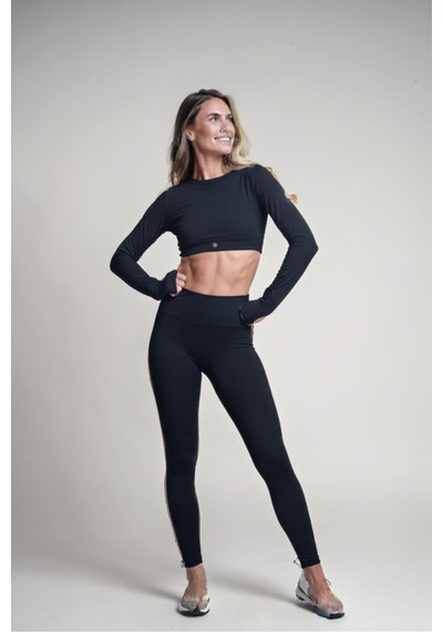 Uzun Kollu Parmak Geçmeli Siyah Spor Üst Yoga & Pilates Crop Siyah