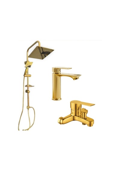 Viosa Kare Model Gold Yağmurlama Tepe Duş Seti Banyo Lavabo Bataryası 3'lü Set Krom