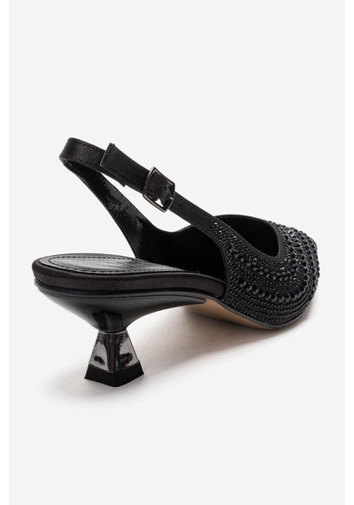 Luvishoes Royale Siyah Saten Taşlı Kadın Kısa Topuklu Abiye Ayakkabı
